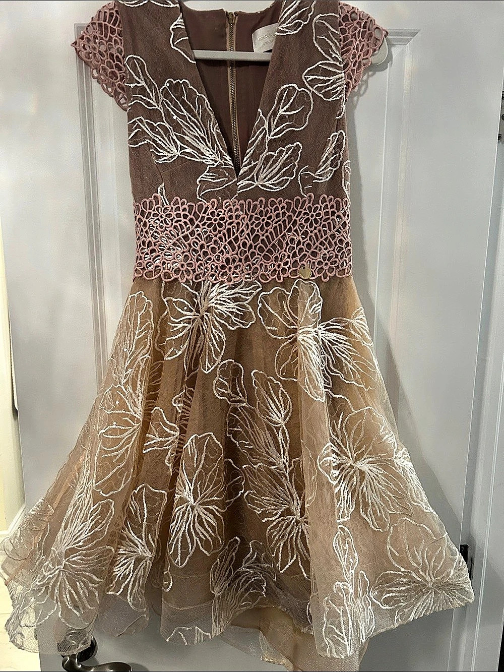 Bronx and Banco Floral Embroidered Mini Dress in Beige cafe au lait & Pink Like